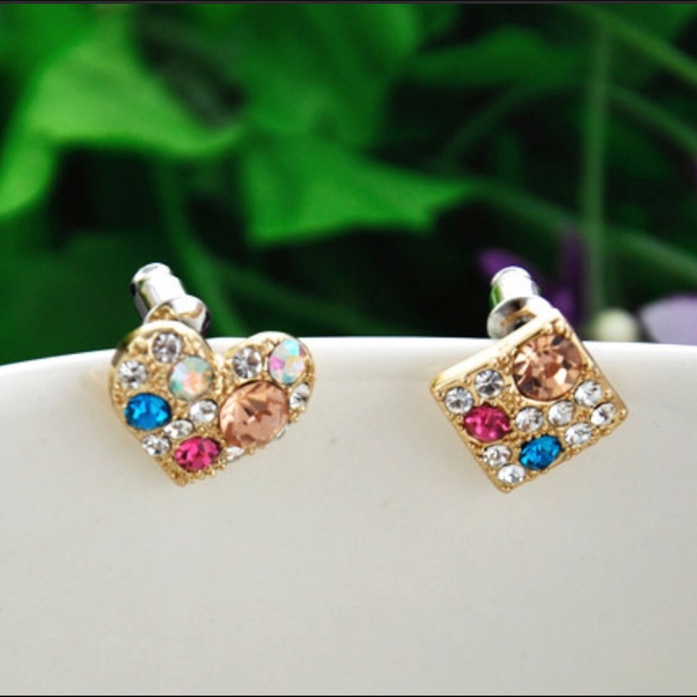 Multi Color Rhinestone Heart Square Earrings. - Picture 4 of 4